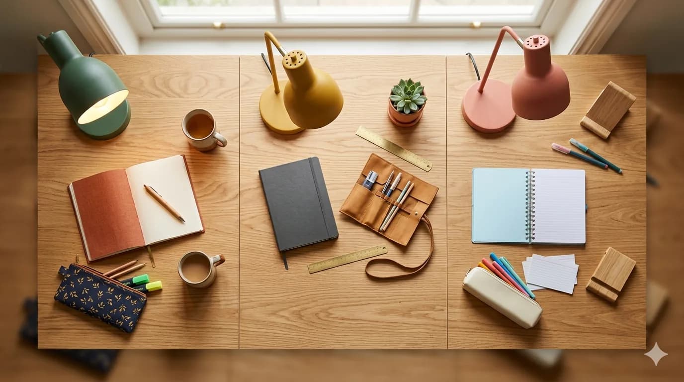 Three study desks from above — the original Study-Wise landing image